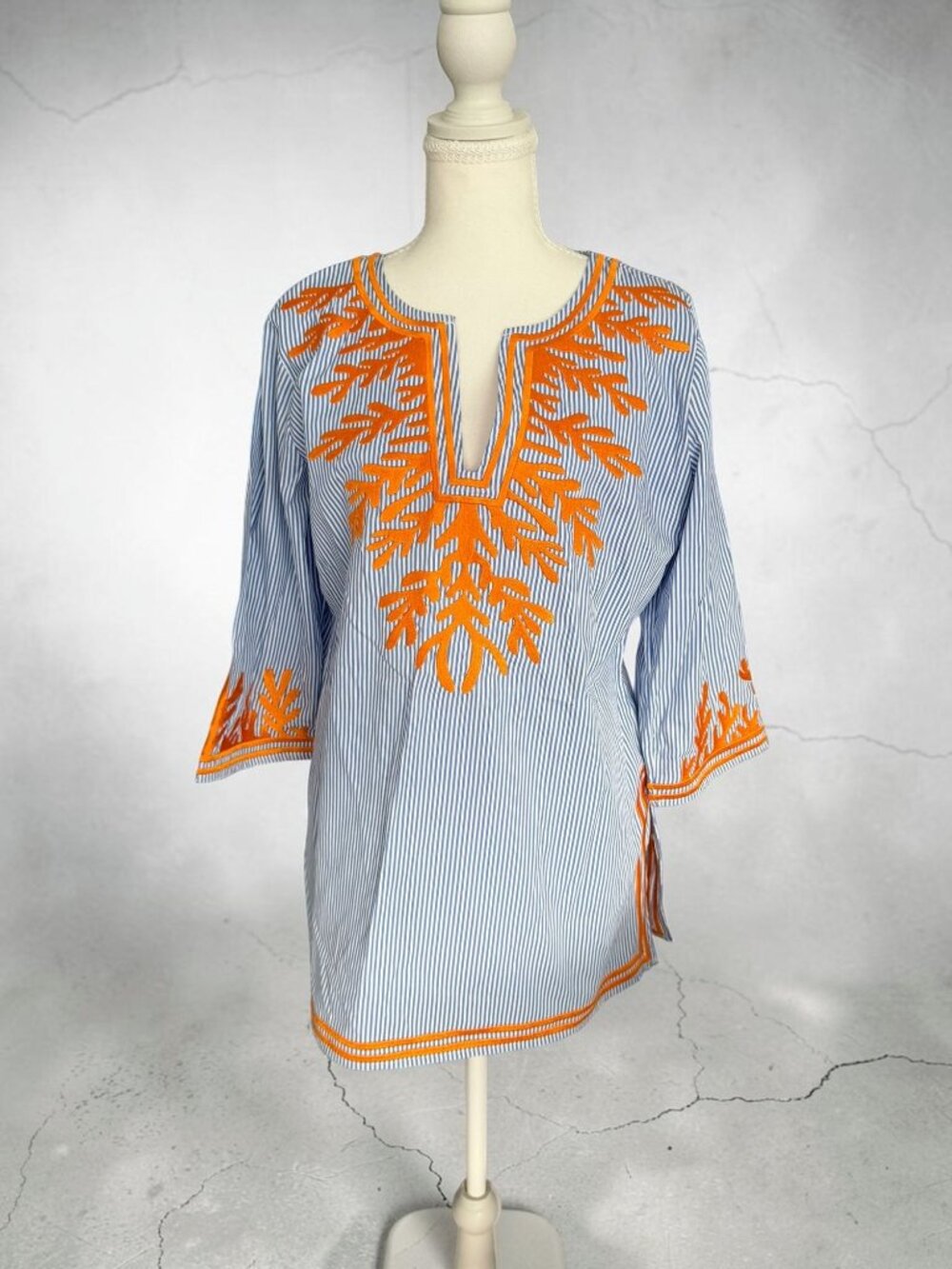 GRETCHEN SCOTT Blue Orange Embroidered Tunic Top Size Medium